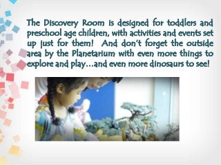 The Discovery Room is designed for toddlers and
preschool age children, with activities and events set
up just for them! And don’t forget the outside
area by the Planetarium with even more things to
explore and play…and even more dinosaurs to see!
 