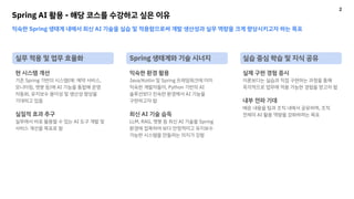 Spring AI 활용 - 해당 코스를 수강하고 싶은 이유
실무 적용 및 업무 효율화
현 시스템 개선
기존 Spring 기반의 시스템(예: 예약 서비스,
모니터링, 챗봇 등)에 AI 기능을 통합해 운영
자동화, 유지보수 용이성 및 생산성 향상을
기대하고 있음
실질적 효과 추구
실무에서 바로 활용할 수 있는 AI 도구 개발 및
서비스 개선을 목표로 함
실습 중심 학습 및 지식 공유
실제 구현 경험 중시
이론보다는 실습과 직접 구현하는 과정을 통해
즉각적으로 업무에 적용 가능한 경험을 얻고자 함
내부 전파 기대
배운 내용을 팀과 조직 내에서 공유하며, 조직
전체의 AI 활용 역량을 강화하려는 목표
익숙한 Spring 생태계 내에서 최신 AI 기술을 실습 및 적용함으로써 개발 생산성과 실무 역량을 크게 향상시키고자 하는 목표
Spring 생태계와 기술 시너지
익숙한 환경 활용
Java/Kotlin 및 Spring 프레임워크에 이미
익숙한 개발자들이, Python 기반의 AI
솔루션보다 친숙한 환경에서 AI 기능을
구현하고자 함
최신 AI 기술 습득
LLM, RAG, 챗봇 등 최신 AI 기술을 Spring
환경에 접목하여 보다 안정적이고 유지보수
가능한 시스템을 만들려는 의지가 강함
2
 