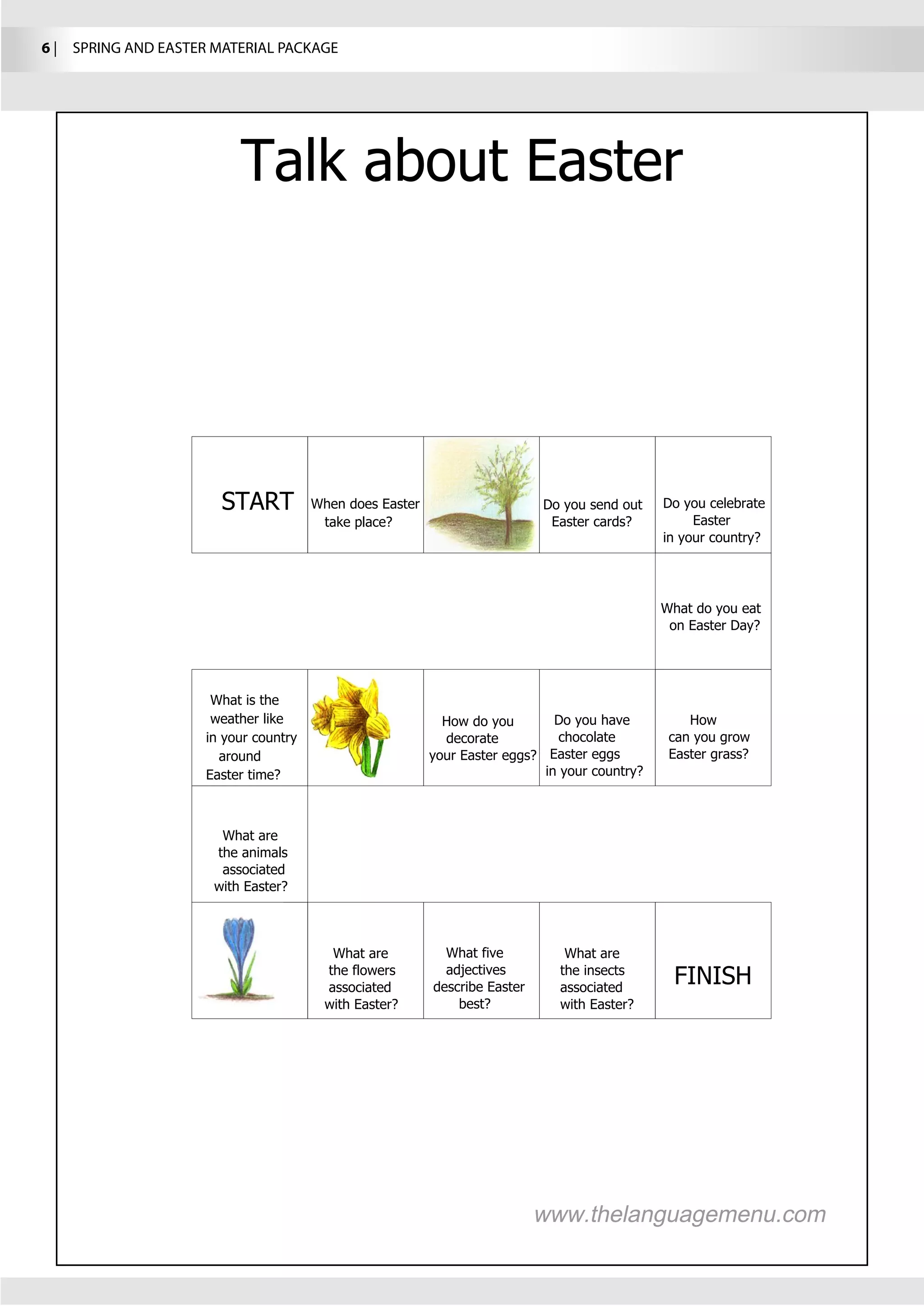 6 |  SPRING AND EASTER MATERIAL PACKAGE




                                                  celebrate
                                               Easter
                                          in your country?




                           r like




                            are




                                           FINISH
 