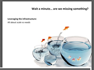 Wait	
 a	
 minute…	
 are	
 we	
 missing	
 something?	
 	
 	
 
Leveraging	
 the	
 infrastructure:	
 
All	
 about	
 scale	
 vs	
 needs	
 
 