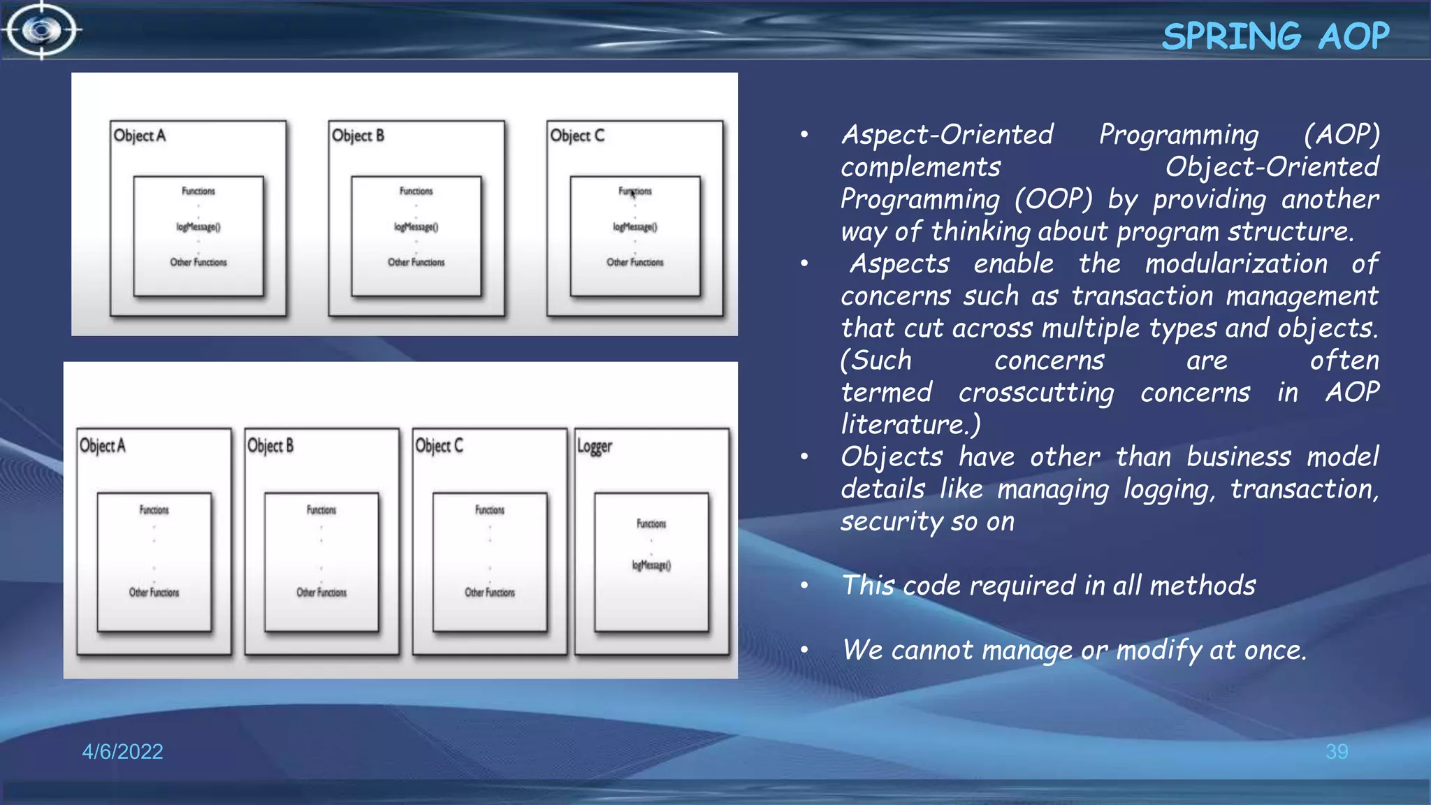 39
SPRING AOP
4/6/2022
• Aspect-Oriented Programming (AOP)
complements Object-Oriented
Programming (OOP) by providing another
way of thinking about program structure.
• Aspects enable the modularization of
concerns such as transaction management
that cut across multiple types and objects.
(Such concerns are often
termed crosscutting concerns in AOP
literature.)
• Objects have other than business model
details like managing logging, transaction,
security so on
• This code required in all methods
• We cannot manage or modify at once.
 