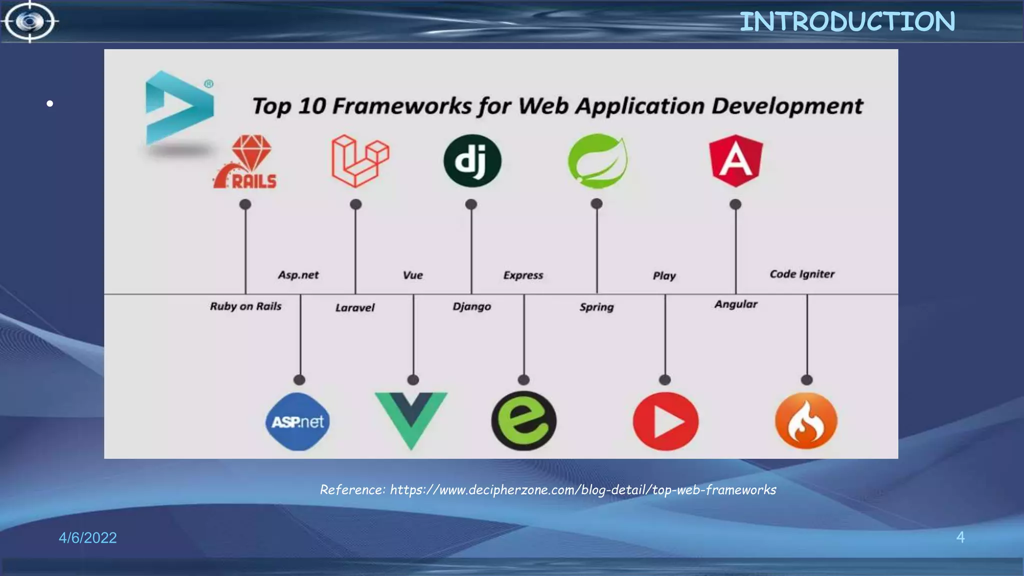 4
4/6/2022
INTRODUCTION
•
Reference: https://www.decipherzone.com/blog-detail/top-web-frameworks
 