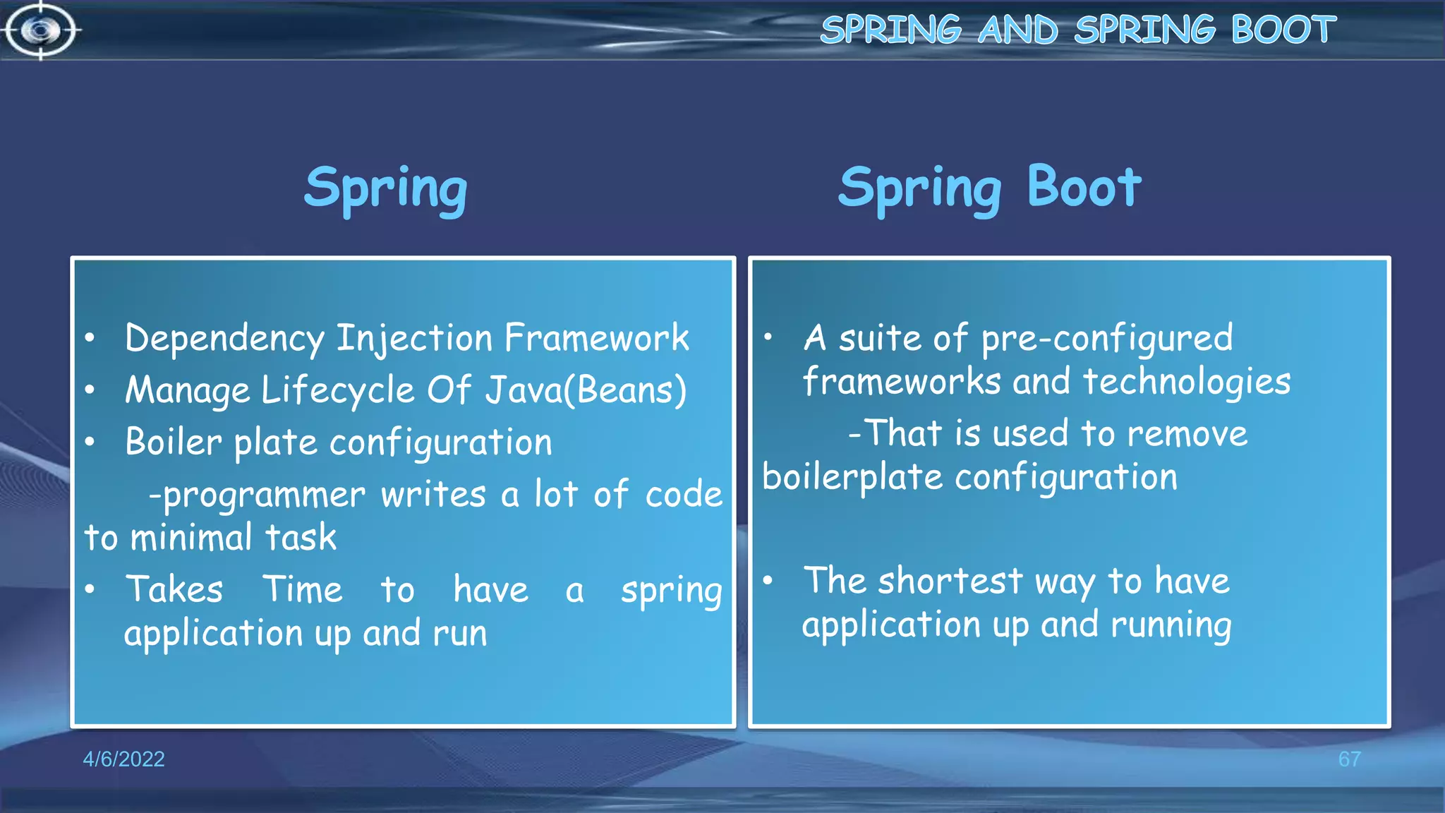 Spring
• Dependency Injection Framework
• Manage Lifecycle Of Java(Beans)
• Boiler plate configuration
-programmer writes a lot of code
to minimal task
• Takes Time to have a spring
application up and run
Spring Boot
• A suite of pre-configured
frameworks and technologies
-That is used to remove
boilerplate configuration
• The shortest way to have
application up and running
4/6/2022 67
 