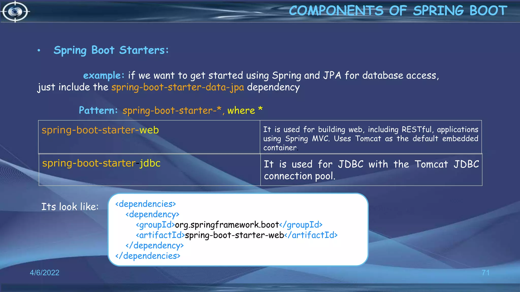 Its look like:
4/6/2022 71
EXAMPLES
• Spring Boot Starters:
example: if we want to get started using Spring and JPA for database access,
just include the spring-boot-starter-data-jpa dependency
Pattern: spring-boot-starter-*, where *
spring-boot-starter-web It is used for building web, including RESTful, applications
using Spring MVC. Uses Tomcat as the default embedded
container.
spring-boot-starter-jdbc It is used for JDBC with the Tomcat JDBC
connection pool.
<dependencies>
<dependency>
<groupId>org.springframework.boot</groupId>
<artifactId>spring-boot-starter-web</artifactId>
</dependency>
</dependencies>
COMPONENTS OF SPRING BOOT
 
