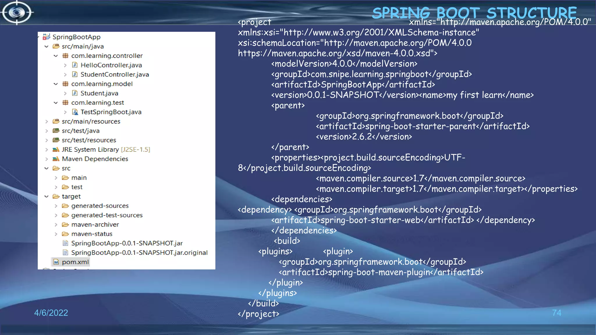 4/6/2022 74
SPRING BOOT STRUCTURE
<project xmlns="http://maven.apache.org/POM/4.0.0"
xmlns:xsi="http://www.w3.org/2001/XMLSchema-instance"
xsi:schemaLocation="http://maven.apache.org/POM/4.0.0
https://maven.apache.org/xsd/maven-4.0.0.xsd">
<modelVersion>4.0.0</modelVersion>
<groupId>com.snipe.learning.springboot</groupId>
<artifactId>SpringBootApp</artifactId>
<version>0.0.1-SNAPSHOT</version><name>my first learn</name>
<parent>
<groupId>org.springframework.boot</groupId>
<artifactId>spring-boot-starter-parent</artifactId>
<version>2.6.2</version>
</parent>
<properties><project.build.sourceEncoding>UTF-
8</project.build.sourceEncoding>
<maven.compiler.source>1.7</maven.compiler.source>
<maven.compiler.target>1.7</maven.compiler.target></properties>
<dependencies>
<dependency> <groupId>org.springframework.boot</groupId>
<artifactId>spring-boot-starter-web</artifactId> </dependency>
</dependencies>
<build>
<plugins> <plugin>
<groupId>org.springframework.boot</groupId>
<artifactId>spring-boot-maven-plugin</artifactId>
</plugin>
</plugins>
</build>
</project>
 