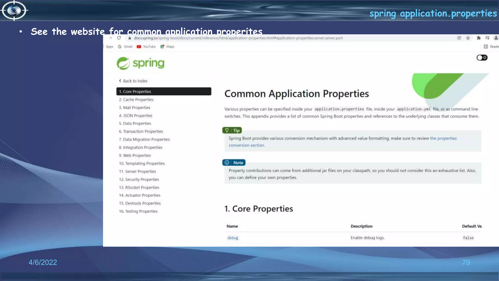 4/6/2022 79
• See the website for common application.properites
spring application.properties
 