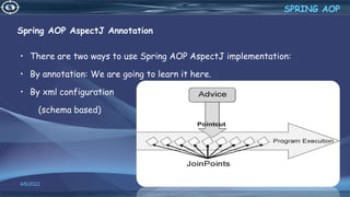 Spring AOP AspectJ Annotation
• There are two ways to use Spring AOP AspectJ implementation:
• By annotation: We are going to learn it here.
• By xml configuration
(schema based)
44
SPRING AOP
4/6/2022
 