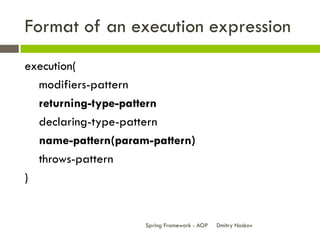 Format of an execution expression
execution(
  modifiers-pattern
  returning-type-pattern
  declaring-type-pattern
  name-...