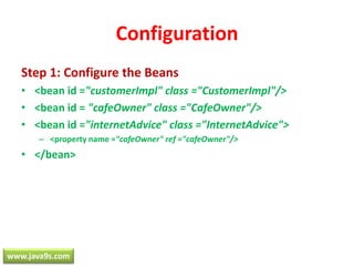 AOP - DefinitionsAdvice defines what needs to be applied and when.Jointpoint is where the advice is applied.Pointcut is the combination of different joinpoints where the advice needs to be applied.Aspect is applying the Advice at the pointcuts.www.java9s.com