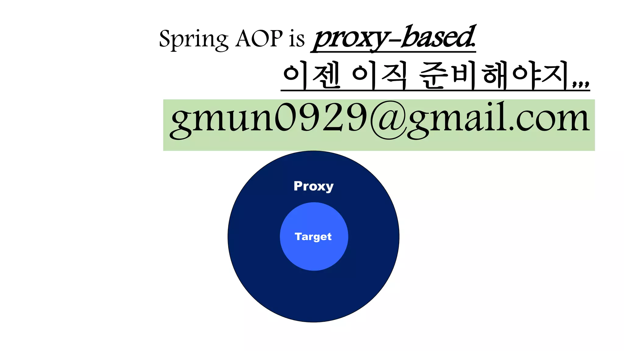 Spring AOP is proxy-based.
이젠 이직 준비해야지,,,
gmun0929@gmail.com
Proxy
Target
 