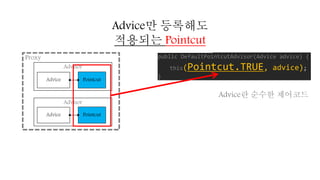 public DefaultPointcutAdvisor(Advice advice) {
this(Pointcut.TRUE, advice);
}
Advice만 등록해도
적용되는 Pointcut
Advisor
Advisor
Proxy
Advice
Advice
Pointcut
Pointcut
Advice란 순수한 제어코드
 