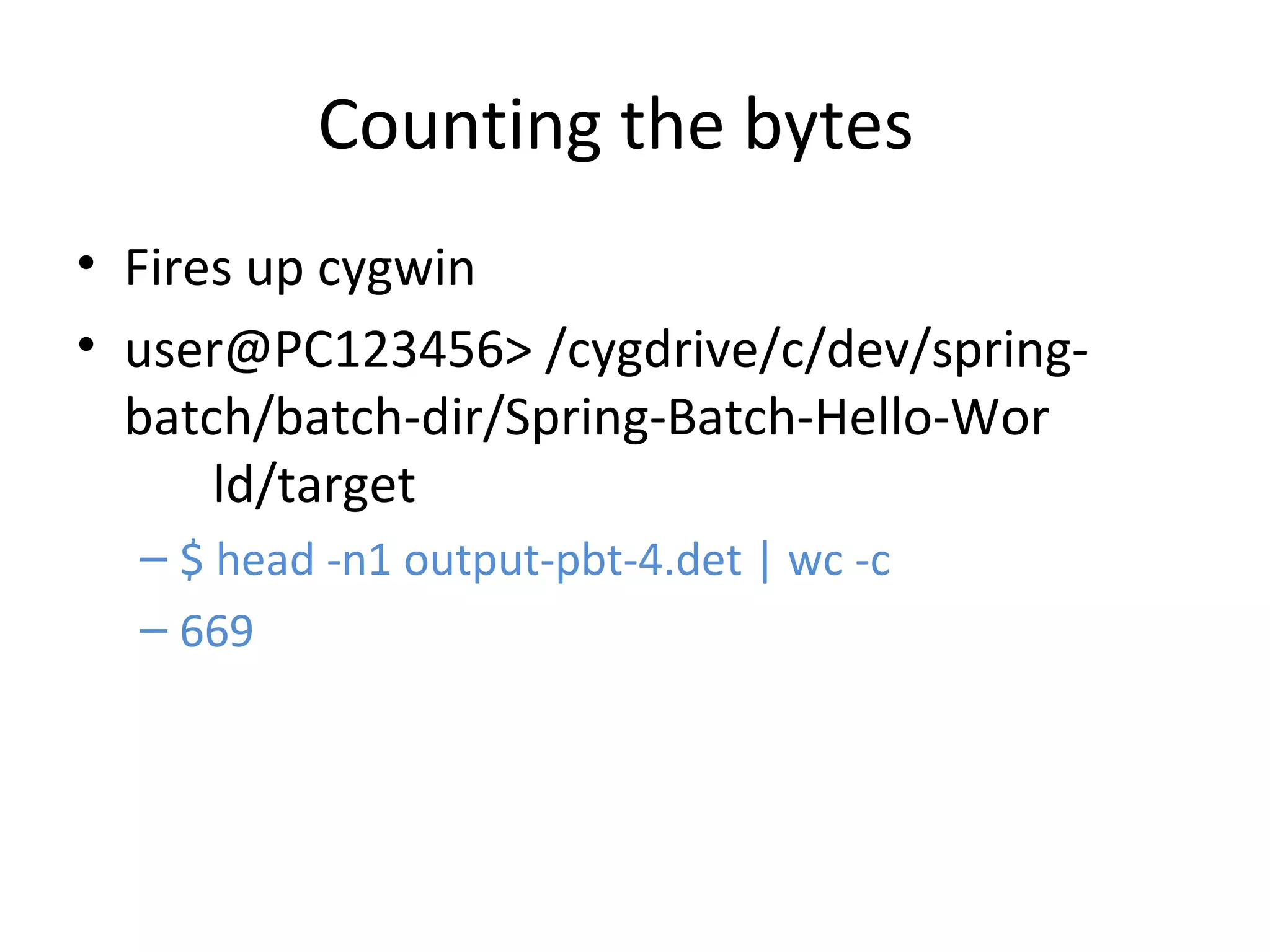 Counting the bytes
• Fires up cygwin
• user@PC123456> /cygdrive/c/dev/spring-
batch/batch-dir/Spring-Batch-Hello-Wor
ld/target
– $ head -n1 output-pbt-4.det | wc -c
– 669
 