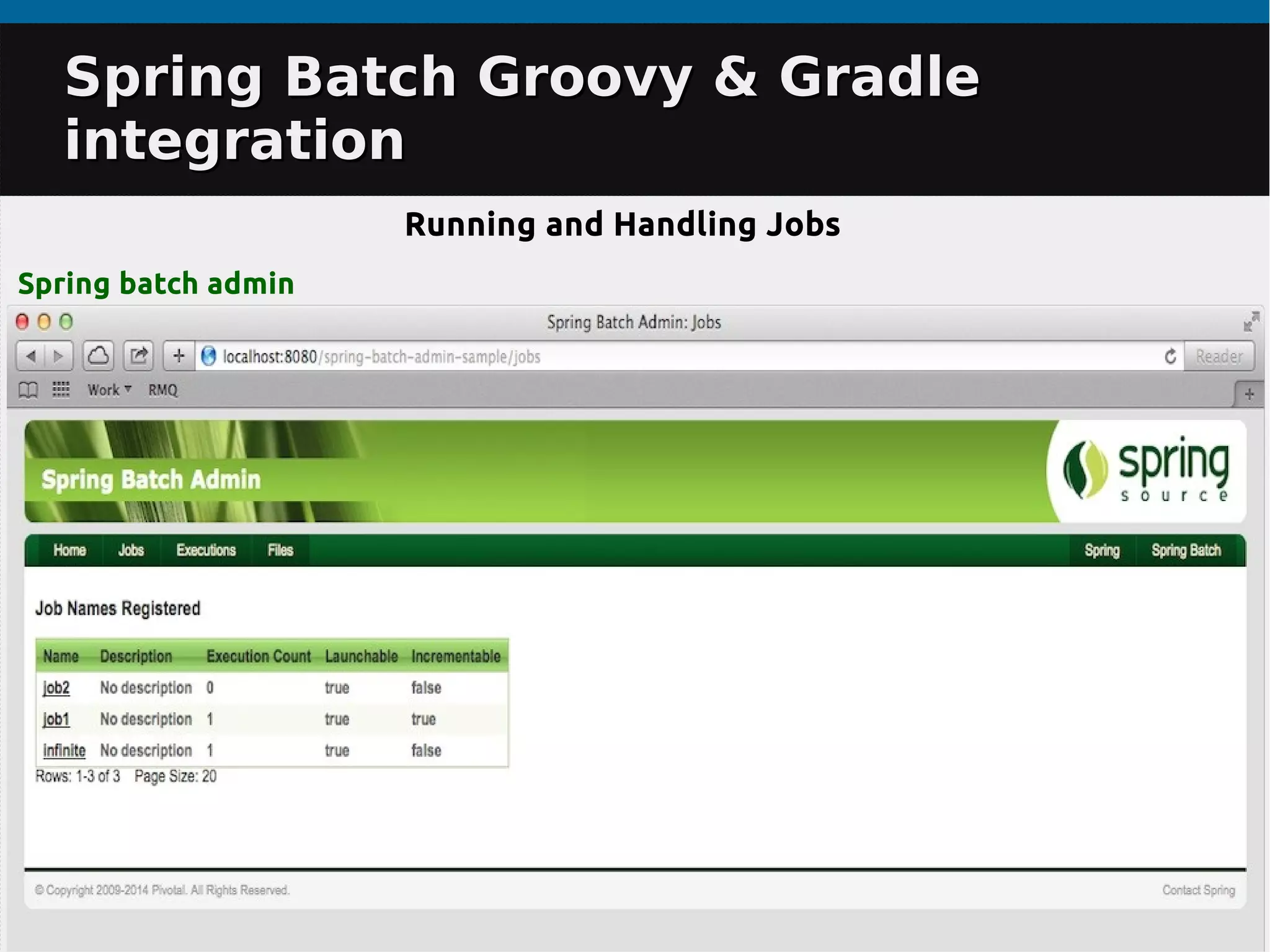 Spring Batch Groovy & GradleSpring Batch Groovy & Gradle
integrationintegration
Running and Handling Jobs
Spring batch admin
 