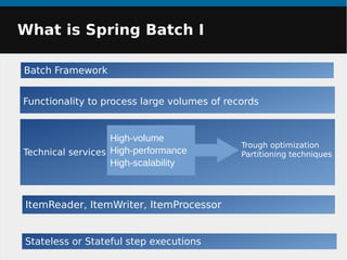 What is Spring Batch I
Batch Framework
Technical services
Functionality to process large volumes of records
ItemReader, ItemWriter, ItemProcessor
Stateless or Stateful step executions
High-volume
High-performance
High-scalability
Trough optimization
Partitioning techniques
 