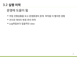 26 
3.2 실행 이력 
운영에 도움이 됨 
 작업 진행상황을 보고 운영환경의 문제 파악을 더 빨리한 경험 
 건수로 데이터 변경 추이 파악 
 Log파일보다 일괄적인 view 
 