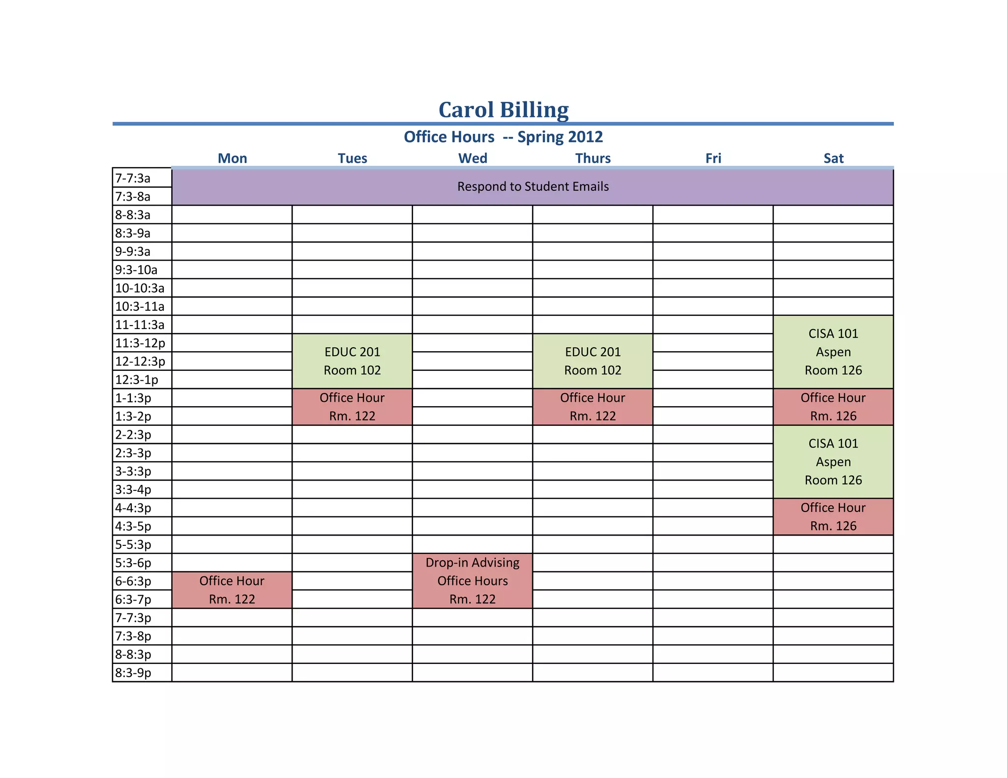 Carol Billing Office Hours SP12 PDF