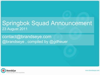 Springbok Squad Announcement
23 August 2011

contact@brandseye.com
@brandseye , compiled by @gdheuer
 