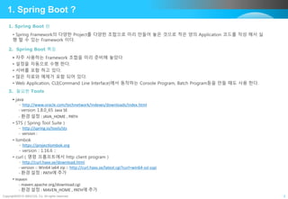 Copyright©2015 ABACUS, Co. All rights reserved. 2
• Spring Framework의 다양한 Project를 다양한 조합으로 미리 만들어 놓은 것으로 적은 양의 Application 코드를 작성 해서 실
행 할 수 있는 Framework 이다.
1. Spring Boot 란
1. Spring Boot ?
• 자주 사용하는 Framework 조합을 미리 준비해 놓았다
• 설정을 자동으로 수행 한다.
• 서버를 포함 하고 있다.
• 많은 자료와 예제가 포함 되어 있다.
• Web Application, CLI(Command Line Interface)에서 동작하는 Console Program, Batch Program등을 만들 때도 사용 한다.
2. Spring Boot 특징
• java
- http://www.oracle.com/technetwork/indexes/downloads/index.html
- version 1.8.0_65 Java SE
- 환경 설정 : JAVA_HOME , PATH
• STS ( Spring Tool Suite )
- http://spring.io/tools/sts
- version :
• lombok
- https://projectlombok.org
- version : 1.16.6 ::
• curl ( 명령 프롬프트에서 http client program )
- http://curl.haxx.se/download.html
- version :: Win64 ia64 zip :: http://curl.haxx.se/latest.cgi?curl=win64-ssl-sspi
- 환경 설정 : PATH에 추가
• maven
- maven.apache.org/download.cgi
- 환경 설정 : MAVEN_HOME , PATH에 추가
3. 필요한 Tools
 