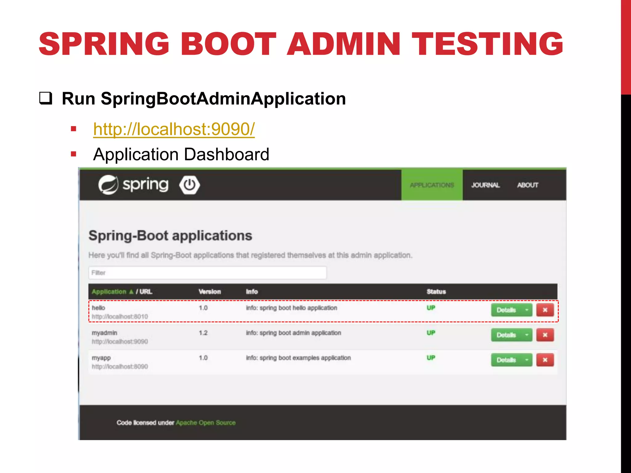 SPRING BOOT ADMIN TESTING
 Run SpringBootAdminApplication
 http://localhost:9090/
 Application Dashboard
 