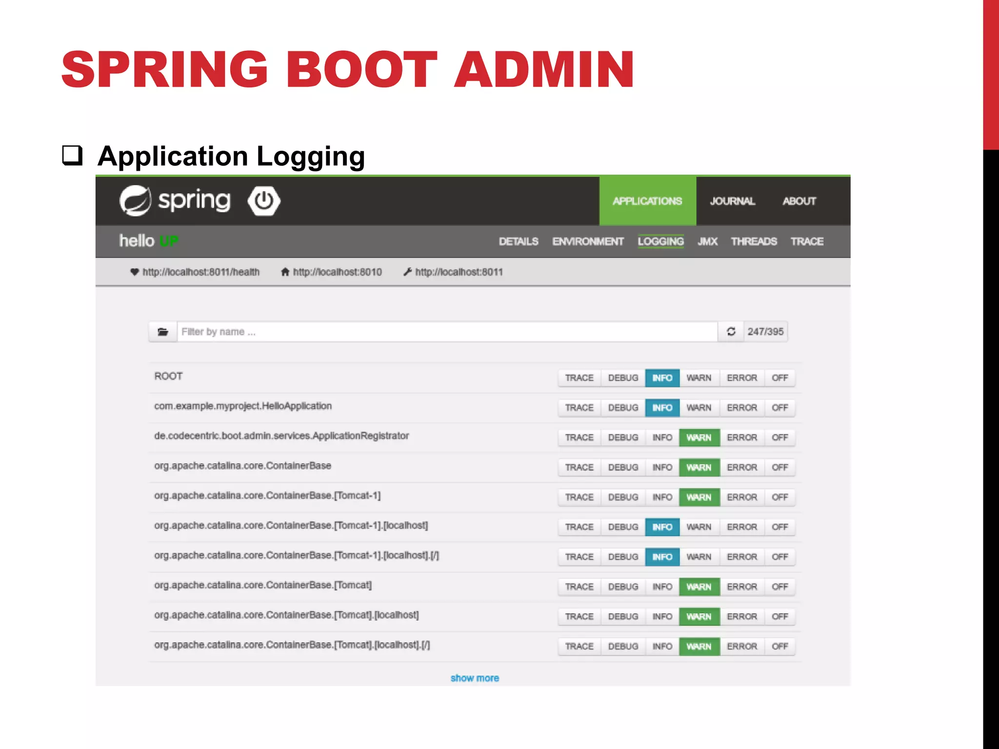 SPRING BOOT ADMIN
 Application Logging
 