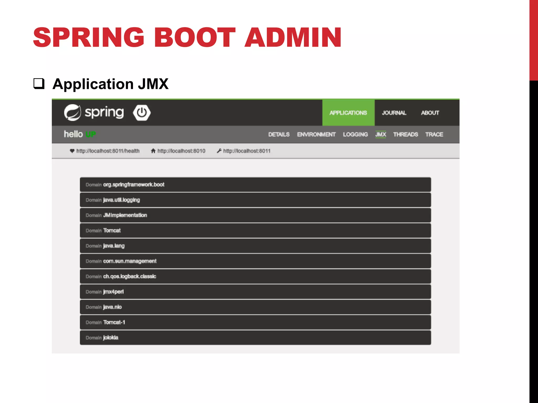 SPRING BOOT ADMIN
 Application JMX
 