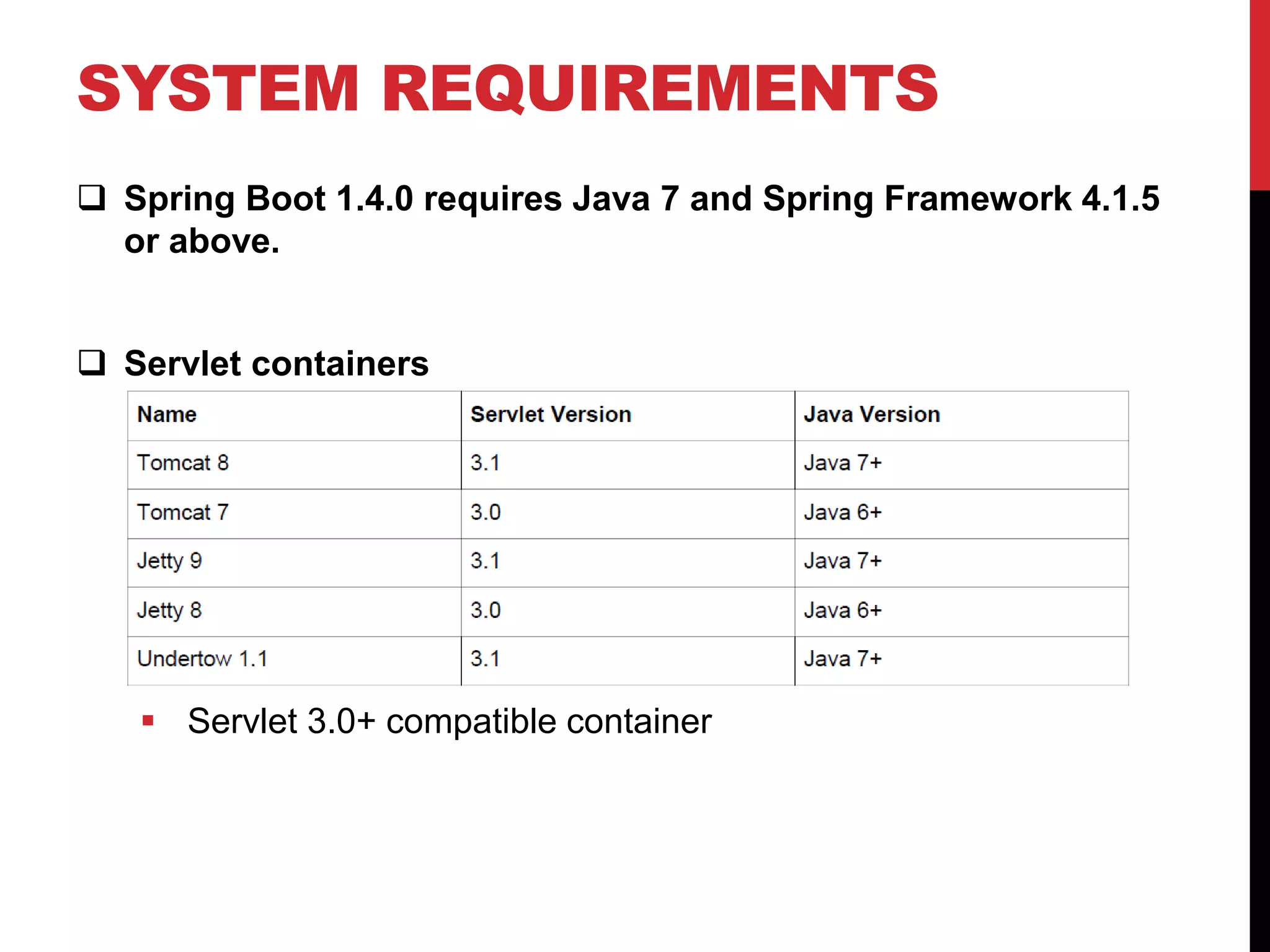 SYSTEM REQUIREMENTS
 Spring Boot 1.4.0 requires Java 7 and Spring Framework 4.1.5
or above.
 Servlet containers
 Servlet 3.0+ compatible container
 