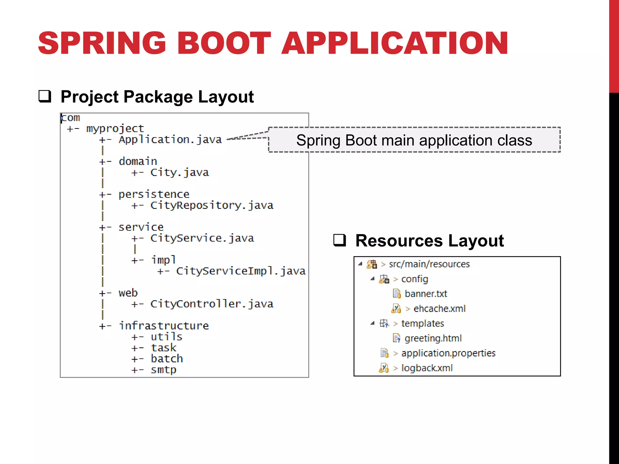 SPRING BOOT APPLICATION
 Project Package Layout
Spring Boot main application class
 Resources Layout
 