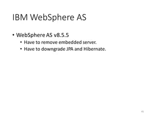 IBM	WebSphere	AS
• WebSphere	AS	v8.5.5
• Have	to	remove	embedded	server.
• Have	to	downgrade	JPA	and	Hibernate.
45
 