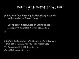 ReadingListRepository.java
public interface ReadingListRepository extends
JpaRepository<Book, Long> {
List<Book> findByReader(String reader);
//reader 변수기준으로 검색하는 메소드 추가.
}
interface JpaRepository<T, ID extends Serializable>
18개의 영속성 method 사용가능 (이미 만들어져있음)
T : Repository가 사용할 domain type
Class ID의 propertie type
 