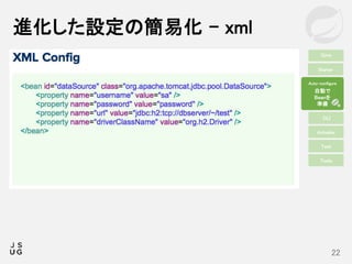 進化した設定の簡易化 - xml
22
Starter
CLI
Actuator
Auto-configure
Tools
Test
自動で
Beanを
準備
Core
 