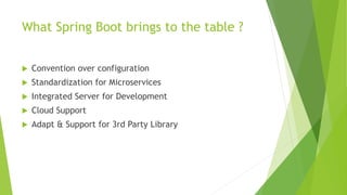 What Spring Boot brings to the table ?
 Convention over configuration
 Standardization for Microservices
 Integrated Server for Development
 Cloud Support
 Adapt & Support for 3rd Party Library
 