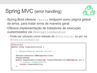 Spring MVC (error handling)
• Páginas de erros podem ser customizadas de maneira
estática ou utilizando templates
src/
+- ...