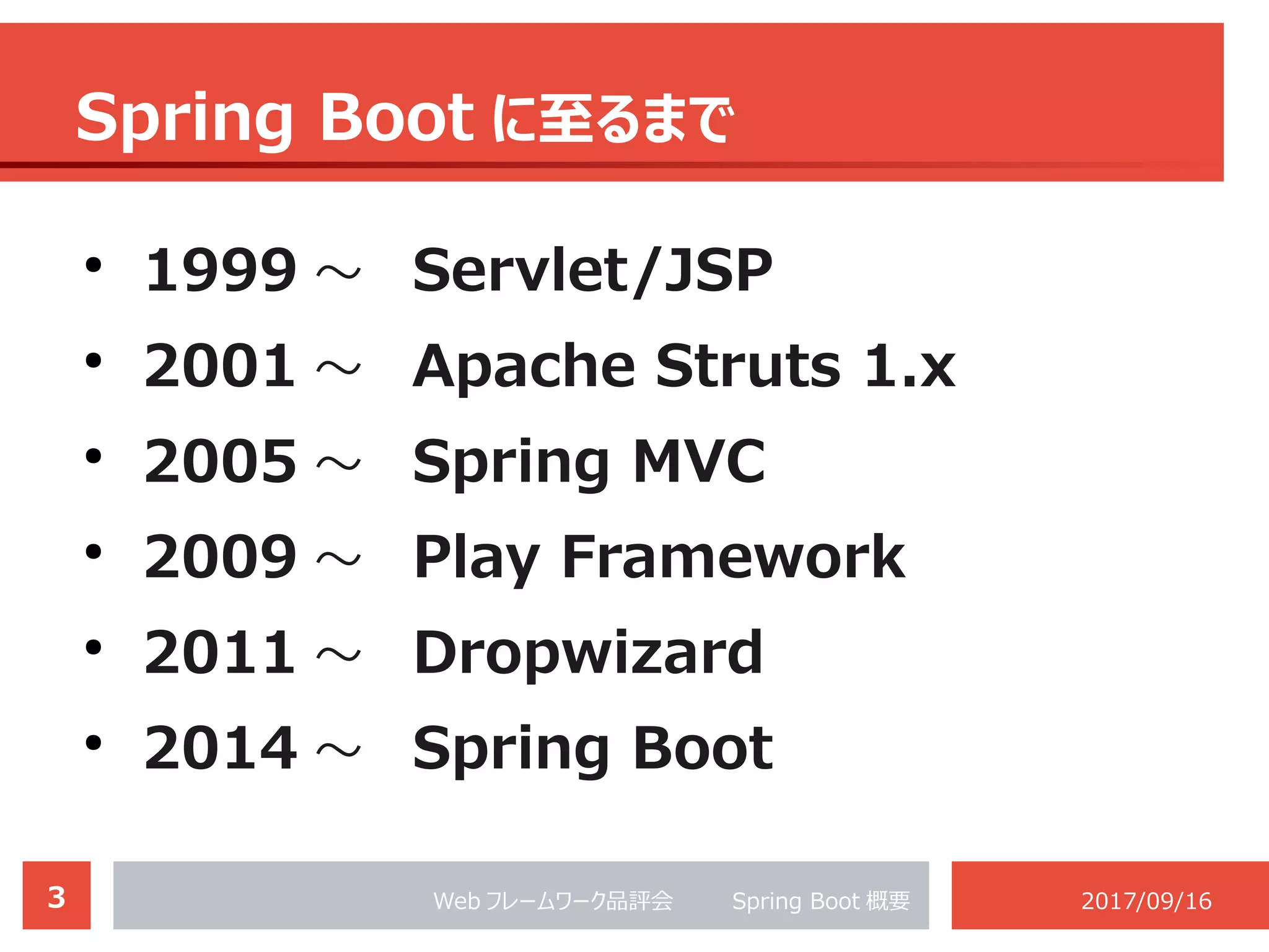 3 Web フレームワーク品評会 　　 Spring Boot 概要 2017/09/16
Spring Boot に至るまで
●
1999 ～ Servlet/JSP
●
2001 ～ Apache Struts 1.x
●
2005 ～ Spring MVC
●
2009 ～ Play Framework
●
2011 ～ Dropwizard
●
2014 ～ Spring Boot
 