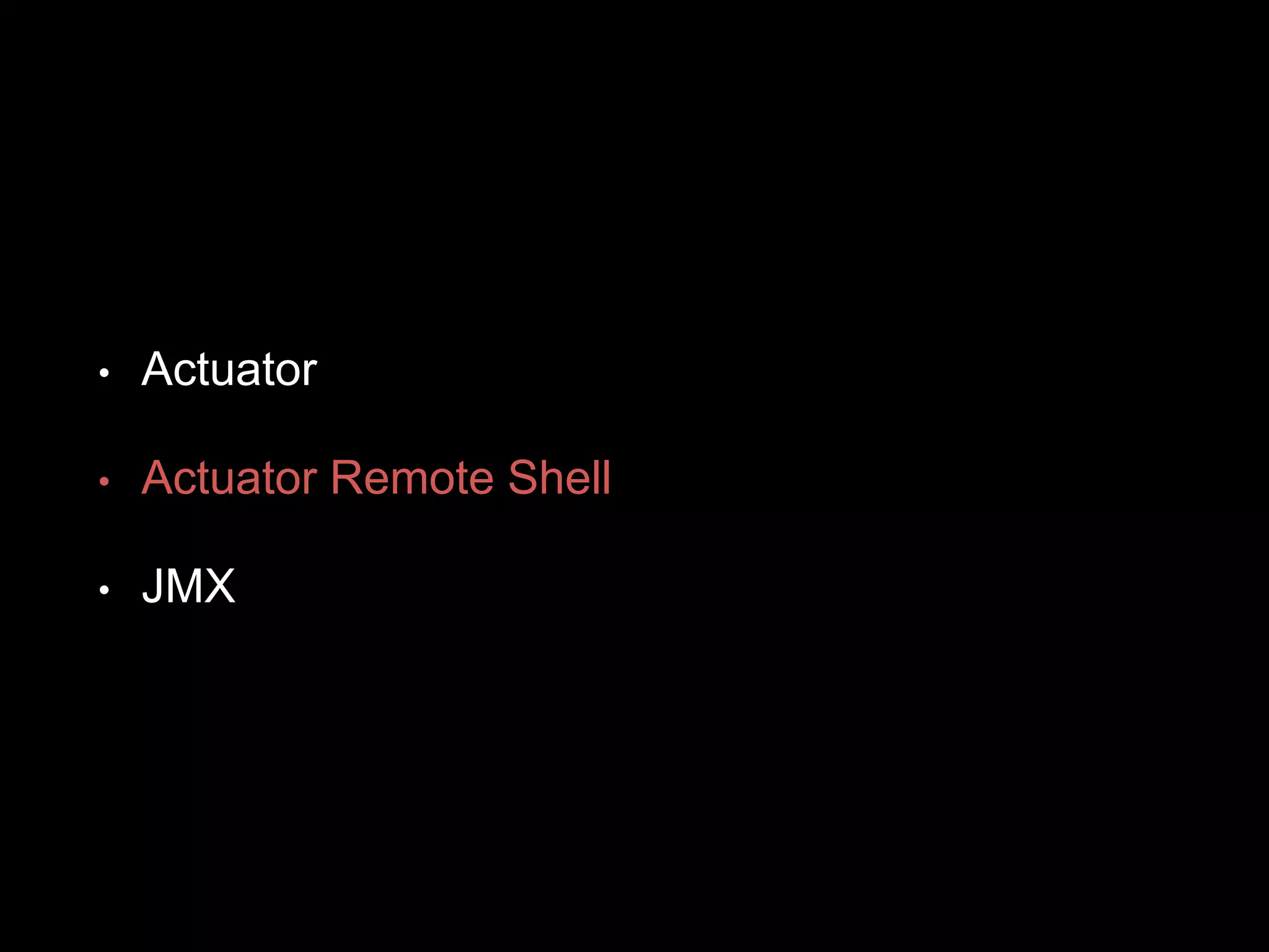 • Actuator
• Actuator Remote Shell
• JMX
 
