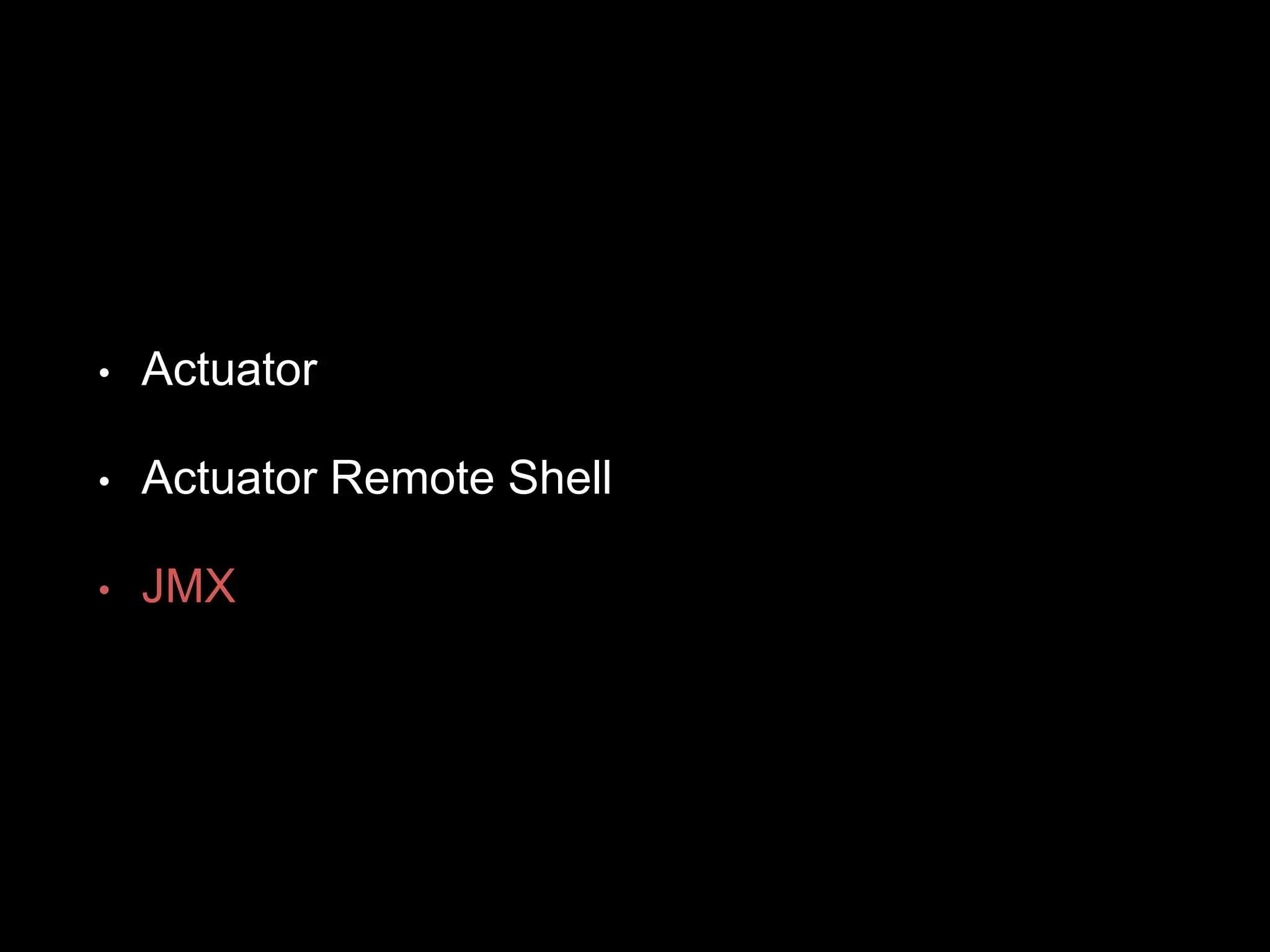 • Actuator
• Actuator Remote Shell
• JMX
 