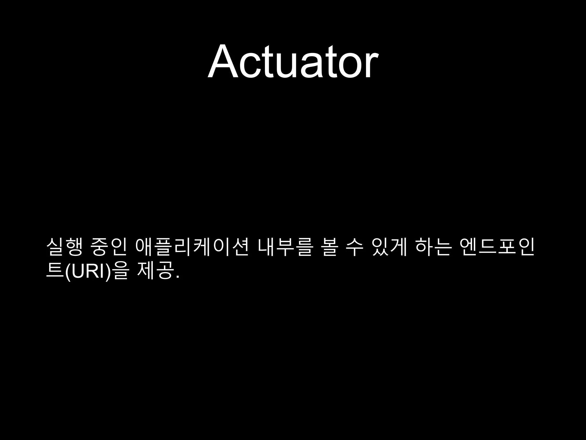 Actuator
실행 중인 애플리케이션 내부를 볼 수 있게 하는 엔드포인
트(URI)을 제공.
 