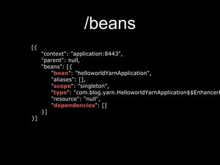 /beans
[{
"context": "application:8443",
"parent": null,
"beans": [{
"bean": "helloworldYarnApplication",
"aliases": [],
"scope": "singleton",
"type": "com.blog.yarn.HelloworldYarnApplication$$EnhancerB
"resource": "null",
"dependencies": []
}]
}]
 