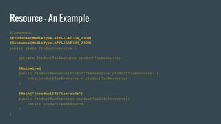Resource - An Example
@Component
@Produces(MediaType.APPLICATION_JSON)
@Consumes(MediaType.APPLICATION_JSON)
public class ProductResource {
private ProductTaxResource productTaxResource;
@Autowired
public ProductResource(ProductTaxResource productTaxResource) {
this.productTaxResource = productTaxResource;
}
@Path("{productId}/tax-code")
public ProductTaxResource productTaxCodeResource() {
return productTaxResource;
}
}
 
