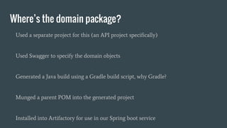 Where’s the domain package?
Used a separate project for this (an API project specifically)
Used Swagger to specify the domain objects
Generated a Java build using a Gradle build script, why Gradle?
Munged a parent POM into the generated project
Installed into Artifactory for use in our Spring boot service
 
