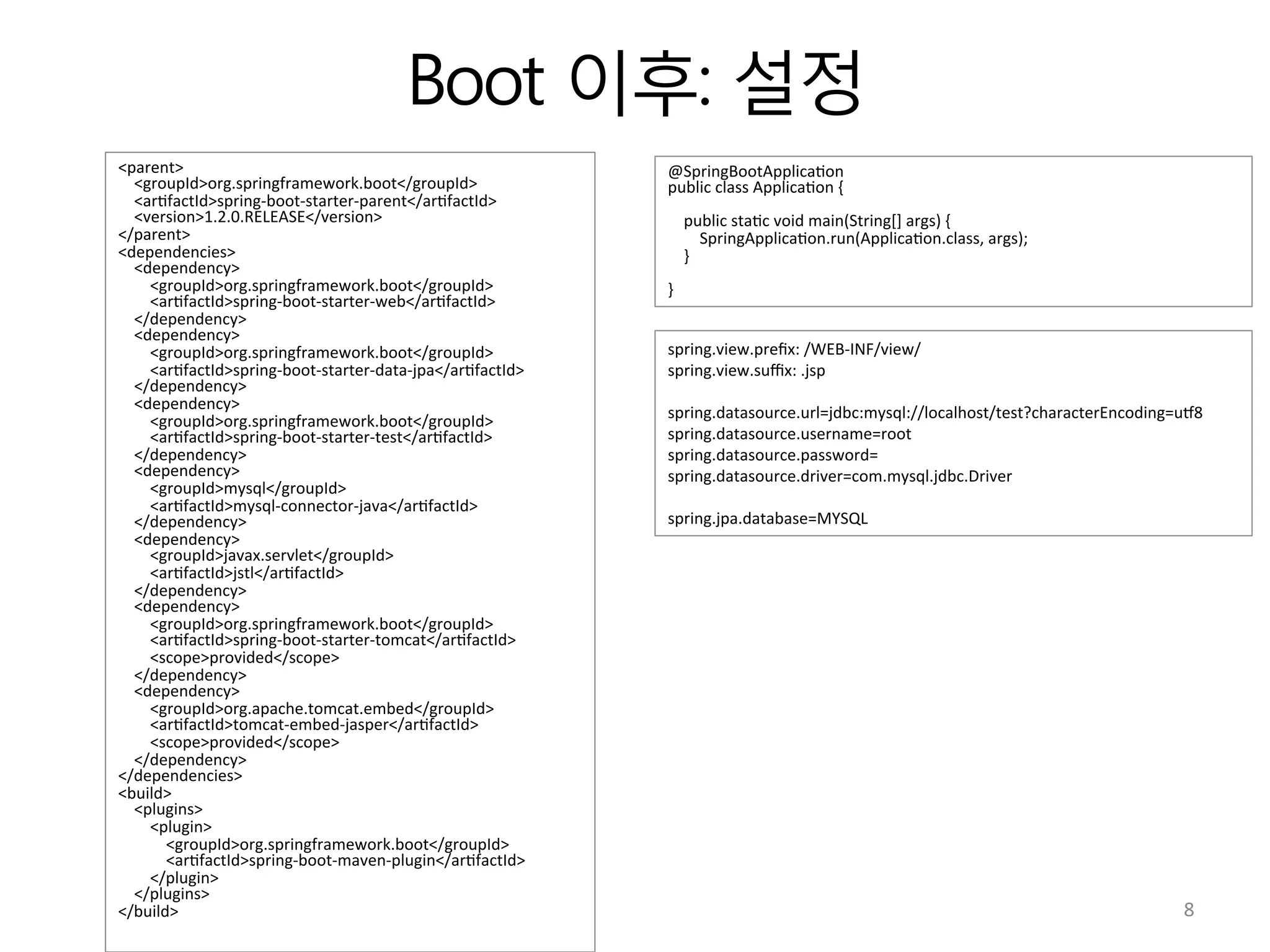 Boot 이후: 설정
<parent>	
  
	
  	
  	
  	
  <groupId>org.springframework.boot</groupId>	
  
	
  	
  	
  	
  <ar:factId>spring-­‐boot-­‐starter-­‐parent</ar:factId>	
  
	
  	
  	
  	
  <version>1.2.0.RELEASE</version>	
  
</parent>	
  
<dependencies>	
  
	
  	
  	
  	
  <dependency>	
  
	
  	
  	
  	
  	
  	
  	
  	
  <groupId>org.springframework.boot</groupId>	
  
	
  	
  	
  	
  	
  	
  	
  	
  <ar:factId>spring-­‐boot-­‐starter-­‐web</ar:factId>	
  
	
  	
  	
  	
  </dependency>	
  
	
  	
  	
  	
  <dependency>	
  
	
  	
  	
  	
  	
  	
  	
  	
  <groupId>org.springframework.boot</groupId>	
  
	
  	
  	
  	
  	
  	
  	
  	
  <ar:factId>spring-­‐boot-­‐starter-­‐data-­‐jpa</ar:factId>	
  
	
  	
  	
  	
  </dependency>	
  
	
  	
  	
  	
  <dependency>	
  
	
  	
  	
  	
  	
  	
  	
  	
  <groupId>org.springframework.boot</groupId>	
  
	
  	
  	
  	
  	
  	
  	
  	
  <ar:factId>spring-­‐boot-­‐starter-­‐test</ar:factId>	
  
	
  	
  	
  	
  </dependency>	
  
	
  	
  	
  	
  <dependency>	
  
	
  	
  	
  	
  	
  	
  	
  	
  <groupId>mysql</groupId>	
  
	
  	
  	
  	
  	
  	
  	
  	
  <ar:factId>mysql-­‐connector-­‐java</ar:factId>	
  
	
  	
  	
  	
  </dependency>	
  
	
  	
  	
  	
  <dependency>	
  
	
  	
  	
  	
  	
  	
  	
  	
  <groupId>javax.servlet</groupId>	
  
	
  	
  	
  	
  	
  	
  	
  	
  <ar:factId>jstl</ar:factId>	
  
	
  	
  	
  	
  </dependency>	
  
	
  	
  	
  	
  <dependency>	
  
	
  	
  	
  	
  	
  	
  	
  	
  <groupId>org.springframework.boot</groupId>	
  
	
  	
  	
  	
  	
  	
  	
  	
  <ar:factId>spring-­‐boot-­‐starter-­‐tomcat</ar:factId>	
  
	
  	
  	
  	
  	
  	
  	
  	
  <scope>provided</scope>	
  
	
  	
  	
  	
  </dependency>	
  
	
  	
  	
  	
  <dependency>	
  
	
  	
  	
  	
  	
  	
  	
  	
  <groupId>org.apache.tomcat.embed</groupId>	
  
	
  	
  	
  	
  	
  	
  	
  	
  <ar:factId>tomcat-­‐embed-­‐jasper</ar:factId>	
  
	
  	
  	
  	
  	
  	
  	
  	
  <scope>provided</scope>	
  
	
  	
  	
  	
  </dependency>	
  
</dependencies>	
  
<build>	
  
	
  	
  	
  	
  <plugins>	
  
	
  	
  	
  	
  	
  	
  	
  	
  <plugin>	
  
	
  	
  	
  	
  	
  	
  	
  	
  	
  	
  	
  	
  <groupId>org.springframework.boot</groupId>	
  
	
  	
  	
  	
  	
  	
  	
  	
  	
  	
  	
  	
  <ar:factId>spring-­‐boot-­‐maven-­‐plugin</ar:factId>	
  
	
  	
  	
  	
  	
  	
  	
  	
  </plugin>	
  
	
  	
  	
  	
  </plugins>	
  
</build>	
  
@SpringBootApplica:on	
  
public	
  class	
  Applica:on	
  {	
  
	
  
	
  	
  	
  	
  public	
  sta:c	
  void	
  main(String[]	
  args)	
  {	
  
	
  	
  	
  	
  	
  	
  	
  	
  SpringApplica:on.run(Applica:on.class,	
  args);	
  
	
  	
  	
  	
  }	
  
	
  
}	
  
spring.view.preﬁx:	
  /WEB-­‐INF/view/	
  
spring.view.suﬃx:	
  .jsp	
  
	
  
spring.datasource.url=jdbc:mysql://localhost/test?characterEncoding=uU8	
  
spring.datasource.username=root	
  
spring.datasource.password=	
  
spring.datasource.driver=com.mysql.jdbc.Driver	
  
	
  
spring.jpa.database=MYSQL	
  
8	
  
 