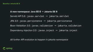 Baseline: Jakarta EE 9
A new namespace: Java EE 8 → Jakarta EE 9
Servlet API 5.0 : javax.servlet → jakarta.servlet
JPA 3.0 : javax.persistence → jakarta.persistence
Bean Validation 3.0 : javax.validation → jakarta.validation
Dependency Injection 2.0 : javax.inject → jakarta.inject
All further API evolution to happen in jakarta namespace
 