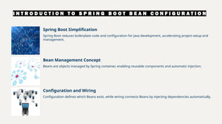 I N T R O D U C T I O N T O S P R I N G B O O T B E A N C O N F I G U R A T I O N
Spring Boot Simplification
Spring Boot reduces boilerplate code and configuration for Java development, accelerating project setup and
management.
Bean Management Concept
Beans are objects managed by Spring container, enabling reusable components and automatic injection.
Configuration and Wiring
Configuration defines which Beans exist, while wiring connects Beans by injecting dependencies automatically.
 