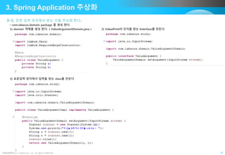 Copyright©2015 ABACUS, Co. All rights reserved. 12
3. Spring Application 추상화
3-2. 표준 입력 장치에서 받는 것을 추상화 한다.
• com.iabacus.domain package 를 생성 한다.
1) domain 객체를 생성 한다. ( ValueArgumentDomain.java ) 2) ValuePrint의 인자를 받는 Interface를 만든다.
3) 표준입력 장치에서 입력을 받는 class를 만든다
 