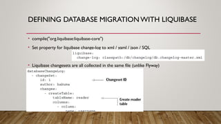 DEFINING DATABASE MIGRATION WITH LIQUIBASE
• compile("org.liquibase:liquibase-core")
• Set property for liquibase change-log to xml / yaml / json / SQL
• Liquibase changesets are all collected in the same file (unlike Flyway)
 