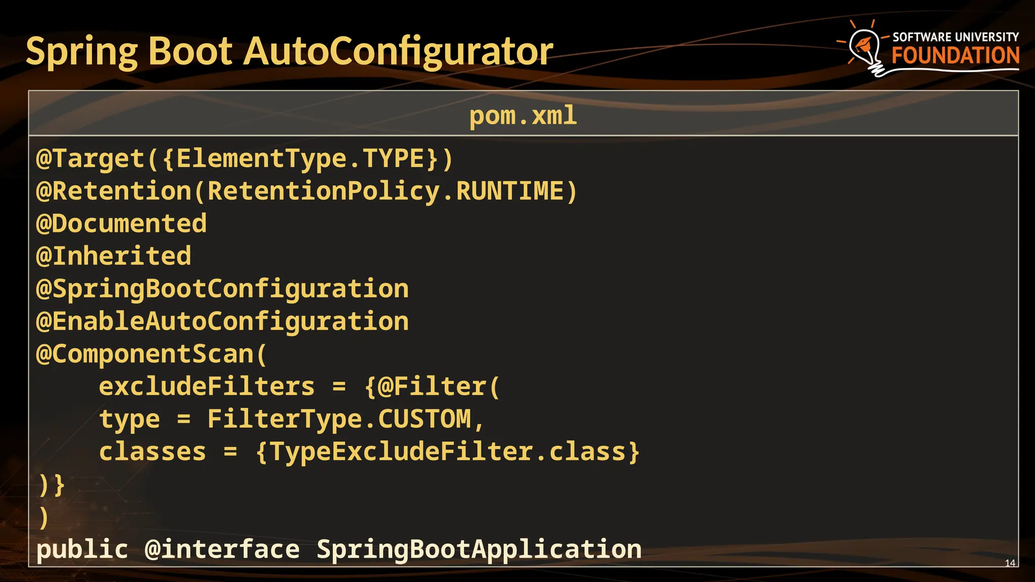14
Spring Boot AutoConfigurator
@Target({ElementType.TYPE})
@Retention(RetentionPolicy.RUNTIME)
@Documented
@Inherited
@SpringBootConfiguration
@EnableAutoConfiguration
@ComponentScan(
excludeFilters = {@Filter(
type = FilterType.CUSTOM,
classes = {TypeExcludeFilter.class}
)}
)
public @interface SpringBootApplication
pom.xml
 