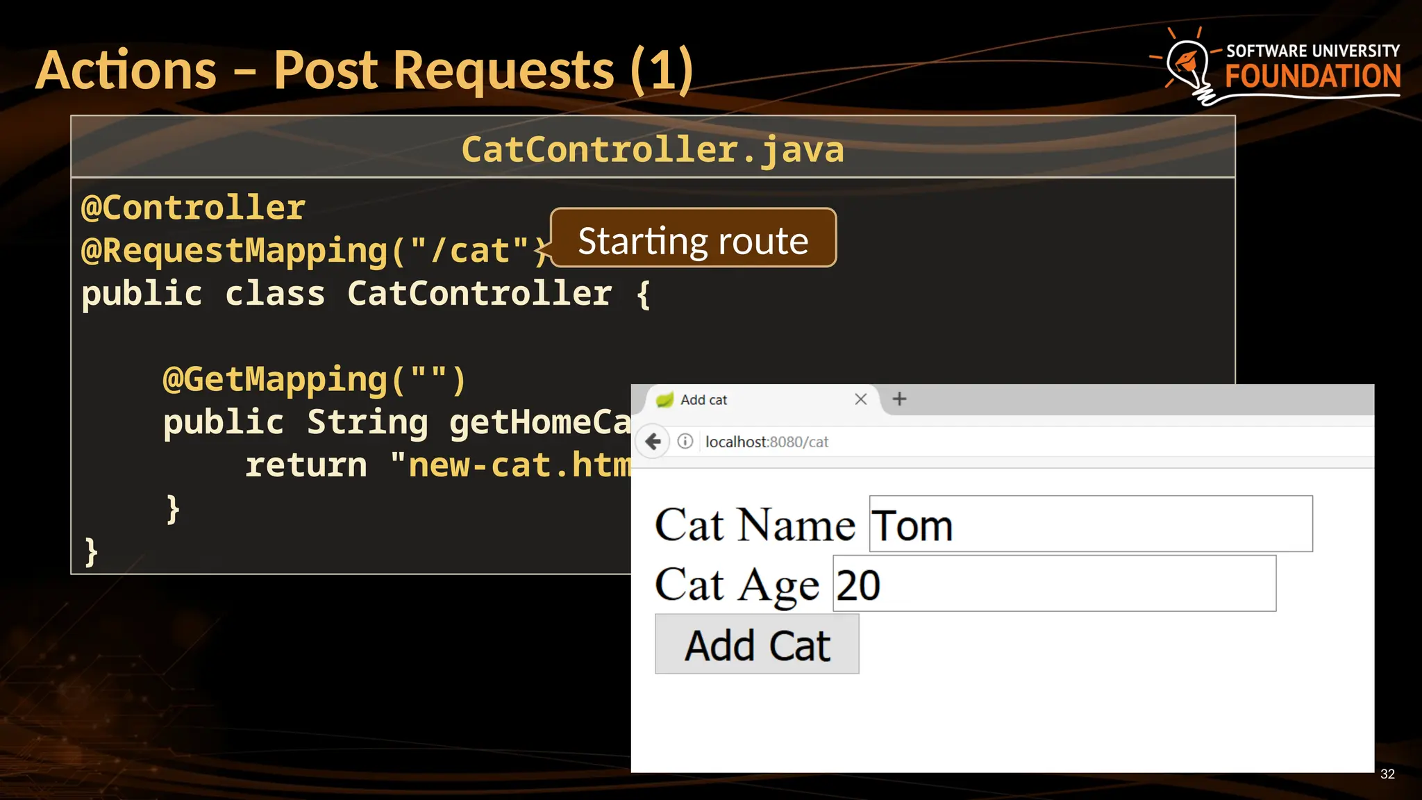 32
Actions – Post Requests (1)
@Controller
@RequestMapping("/cat")
public class CatController {
@GetMapping("")
public String getHomeCatPage(){
return "new-cat.html";
}
}
CatController.java
Starting route
 