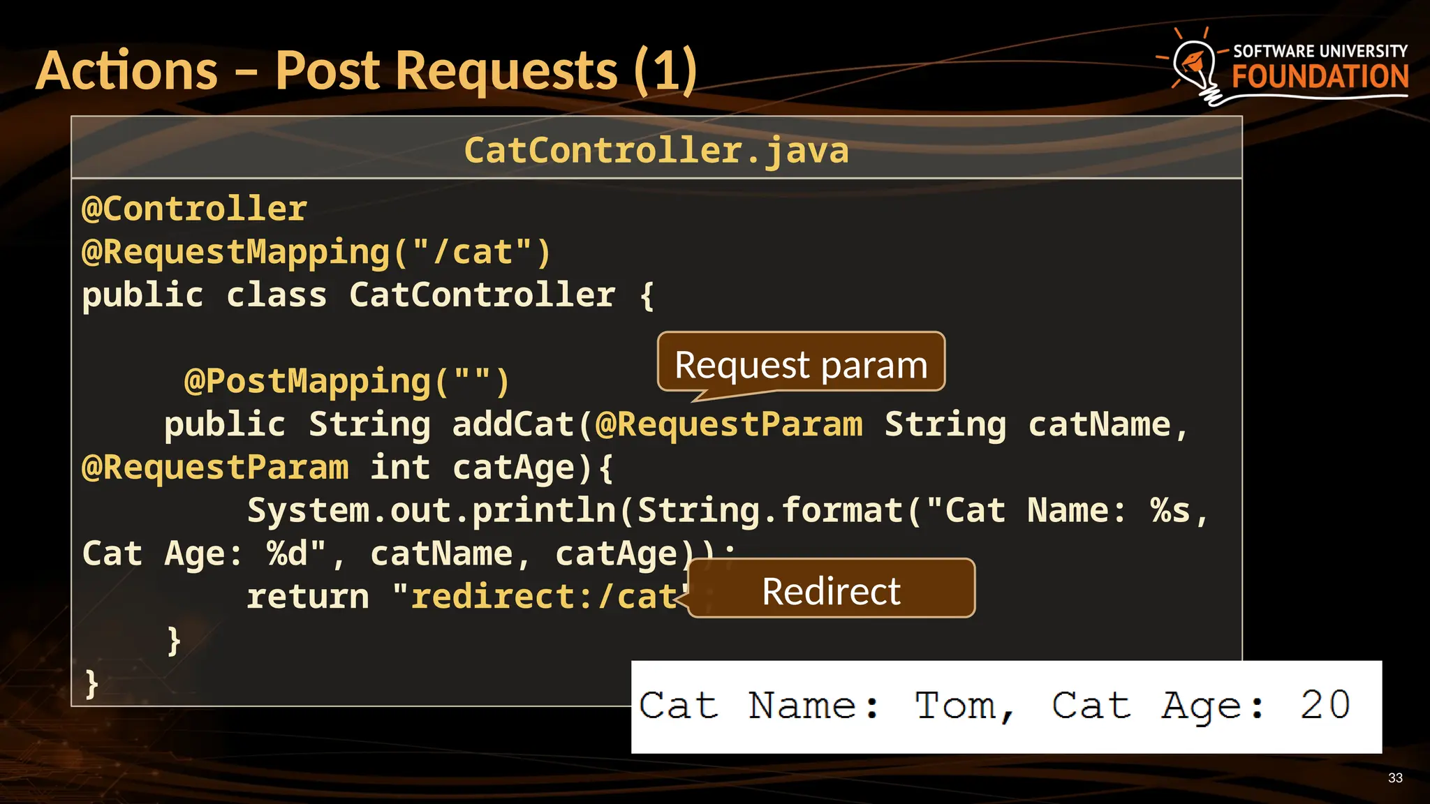 33
Actions – Post Requests (1)
@Controller
@RequestMapping("/cat")
public class CatController {
@PostMapping("")
public String addCat(@RequestParam String catName,
@RequestParam int catAge){
System.out.println(String.format("Cat Name: %s,
Cat Age: %d", catName, catAge));
return "redirect:/cat";
}
}
CatController.java
Request param
Redirect
 