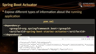 16
 Expose different types of information about the running
application
Spring Boot Actuator
<dependency>
<groupId>org.springframework.boot</groupId>
<artifactId>spring-boot-starter-actuator</artifactId>
</dependency>
pom.xml
 