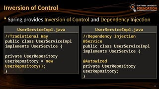 17
 Spring provides Inversion of Control and Dependency Injection
Inversion of Control
//Tradiotional Way
public class UserServiceImpl
implements UserService {
private UserRepository
userRepository = new
UserRepository();
}
UserServiceImpl.java
//Dependency Injection
@Service
public class UserServiceImpl
implements UserService {
@Autowired
private UserRepository
userRepository;
}
UserServiceImpl.java
 