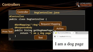 30
Controllers
@Controller
public class DogController {
@GetMapping("/dog")
@ResponseBody
public String getDogHomePage(){
return "I am a dog page";
}
}
DogController.java
Controller
Request Mapping
Action
Text
Print Text
 